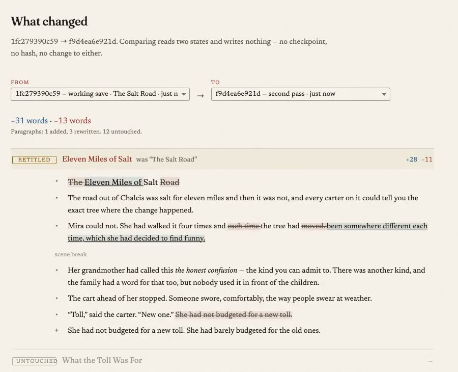 The comparison view, listing chapters as revised or untouched.