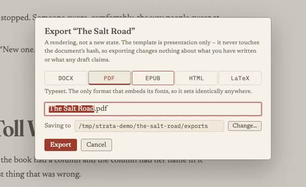 The export dialog, offering five formats and a destination folder.