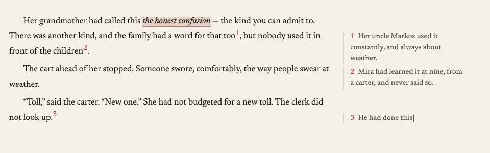 A paragraph of prose with small numbered notes stacked in the margin beside it.